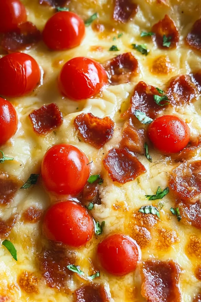 Close-up of creamy dip with browned cheese crust and savory toppings.