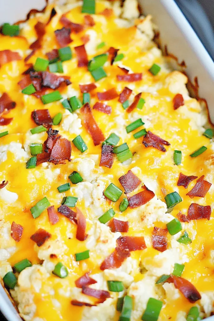 Rustic casserole featuring creamy cauliflower base, cheddar topping, and smoky bacon pieces.