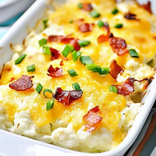 Comfort-style baked dish with bacon crumbles and gooey cheese, served in a rectangular pan.
