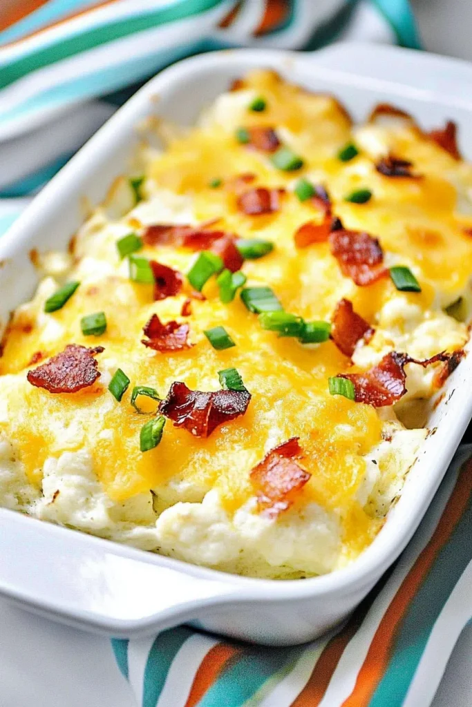 Comfort-style baked dish with bacon crumbles and gooey cheese, served in a rectangular pan.