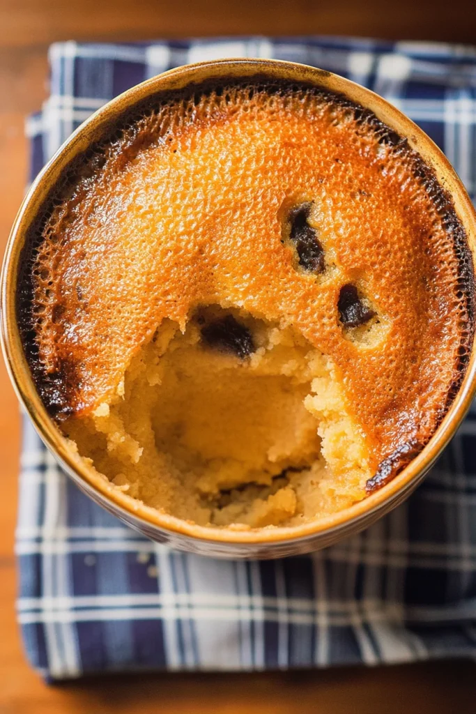 Golden-brown baked pudding with a moist interior scooped out.