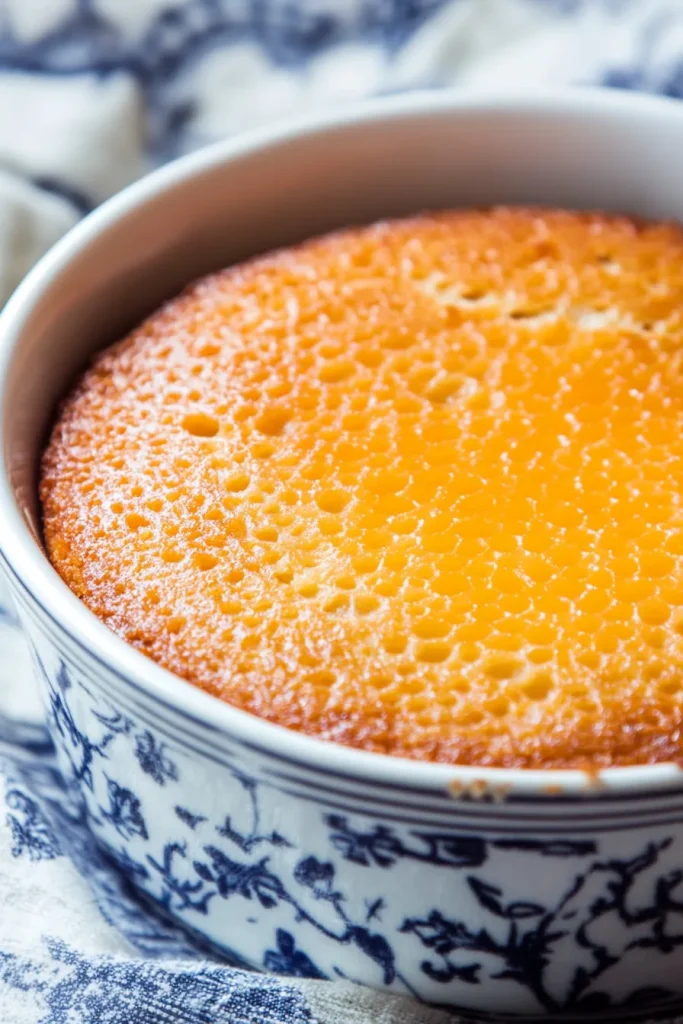 Overhead view of baked pudding on a patterned cloth, highlighting texture.