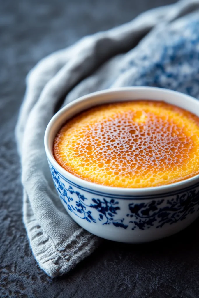 Final shot of creamy pudding with browned crust and soft filling.