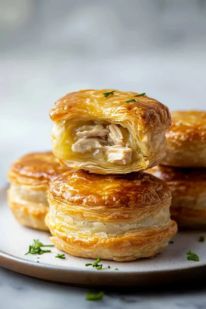 Flaky puff pastry with visible layers, filled with tender chicken and sauce.