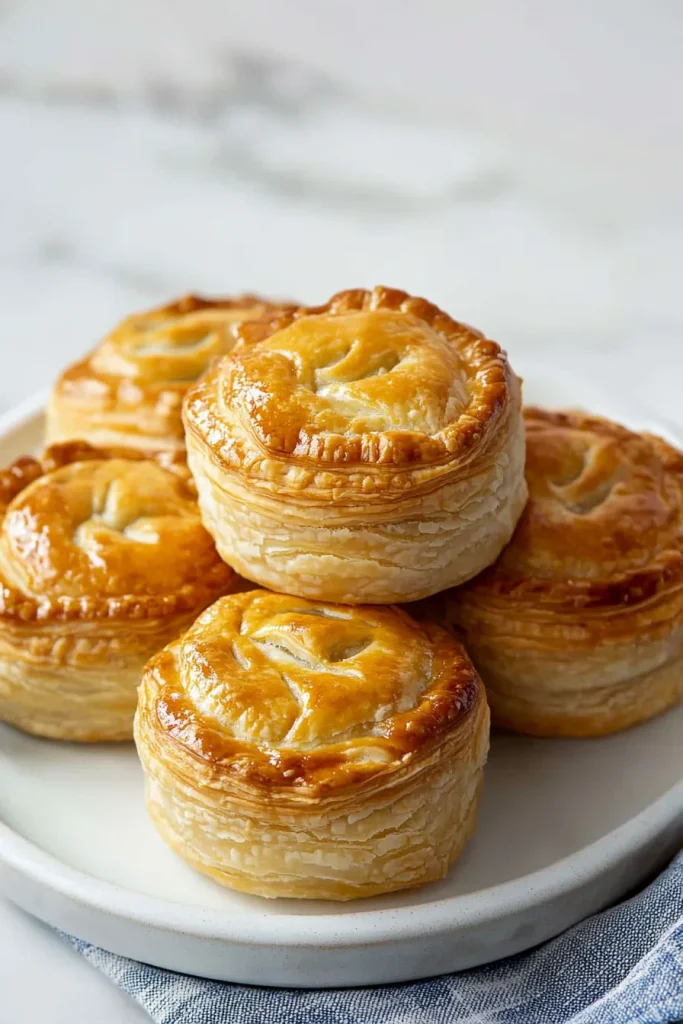 Mini chicken pies arranged neatly, showcasing golden crusts and creamy centers.
