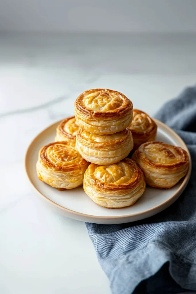 Golden puff pastry pies stacked on a plate, with one cut open to reveal creamy chicken filling.