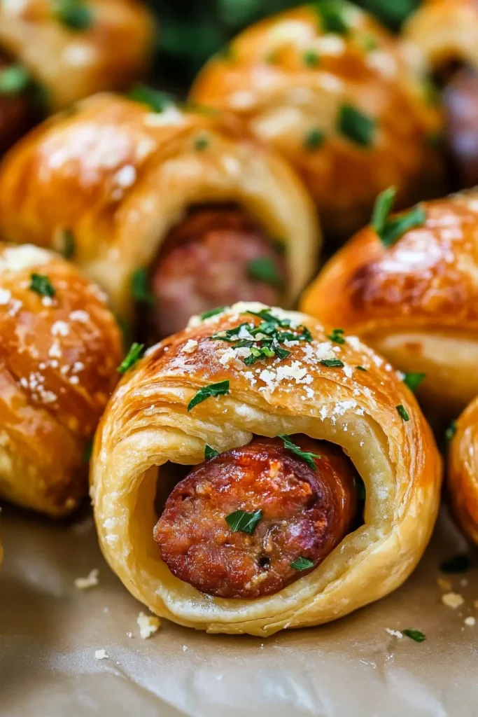 Stack of baked sausage pastries, showcasing flaky texture and rich buttery sheen.