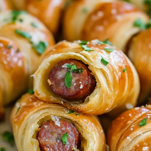 Pastry-wrapped sausages arranged neatly on a board, highlighting crisp crust and glossy finish.