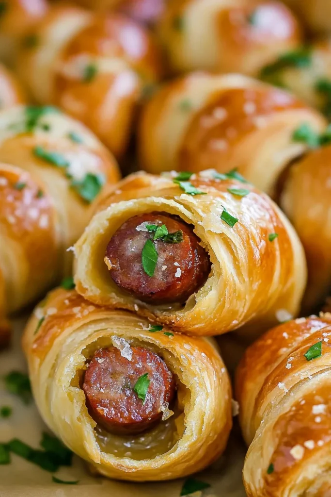 Pastry-wrapped sausages arranged neatly on a board, highlighting crisp crust and glossy finish.