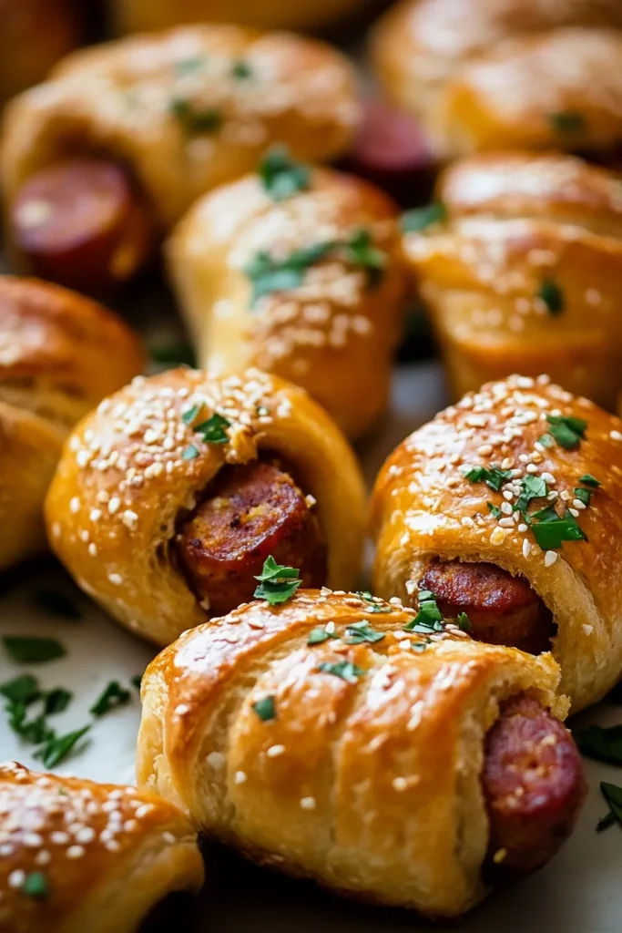 Golden puff pastry rolls wrapped around smoked sausage, sprinkled with herbs and coarse salt.