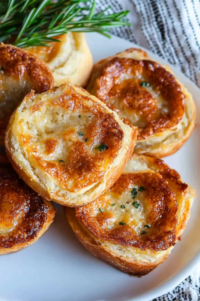 Savory pastries arranged neatly on a white plate with thyme leaves.