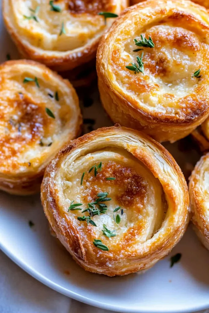 Golden-brown spiral pastries with creamy filling and herb garnish.