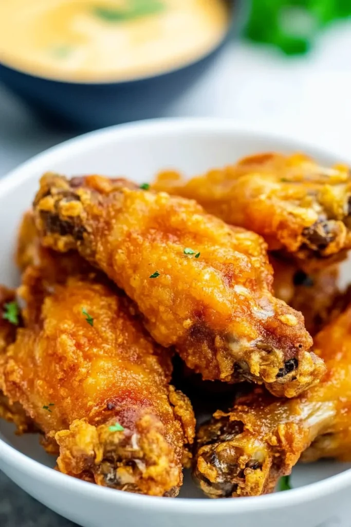Plated chicken wings with a dipping sauce blurred in the background.
