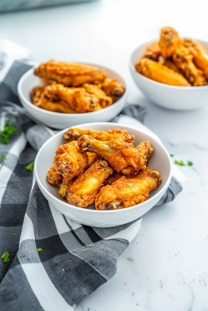 Chicken wings arranged neatly, highlighting their crisp texture and golden color.