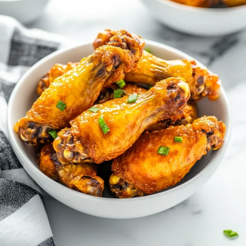 Golden-brown chicken wings piled in a bowl with a crunchy coating.
