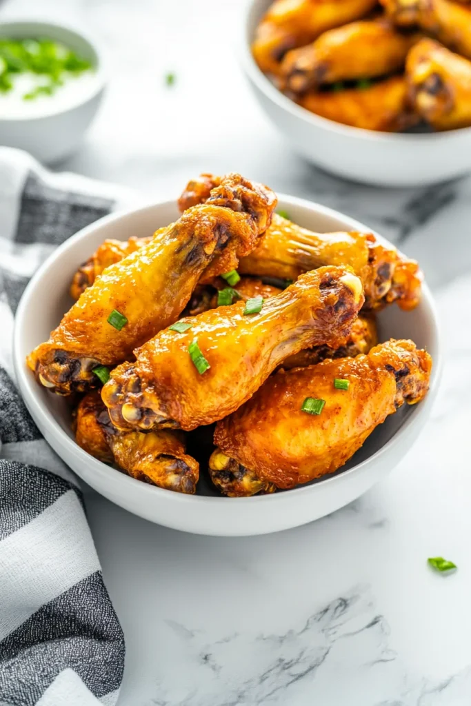 Golden-brown chicken wings piled in a bowl with a crunchy coating.