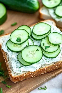 Overhead view of toasted bread with cucumber and herb garnish.