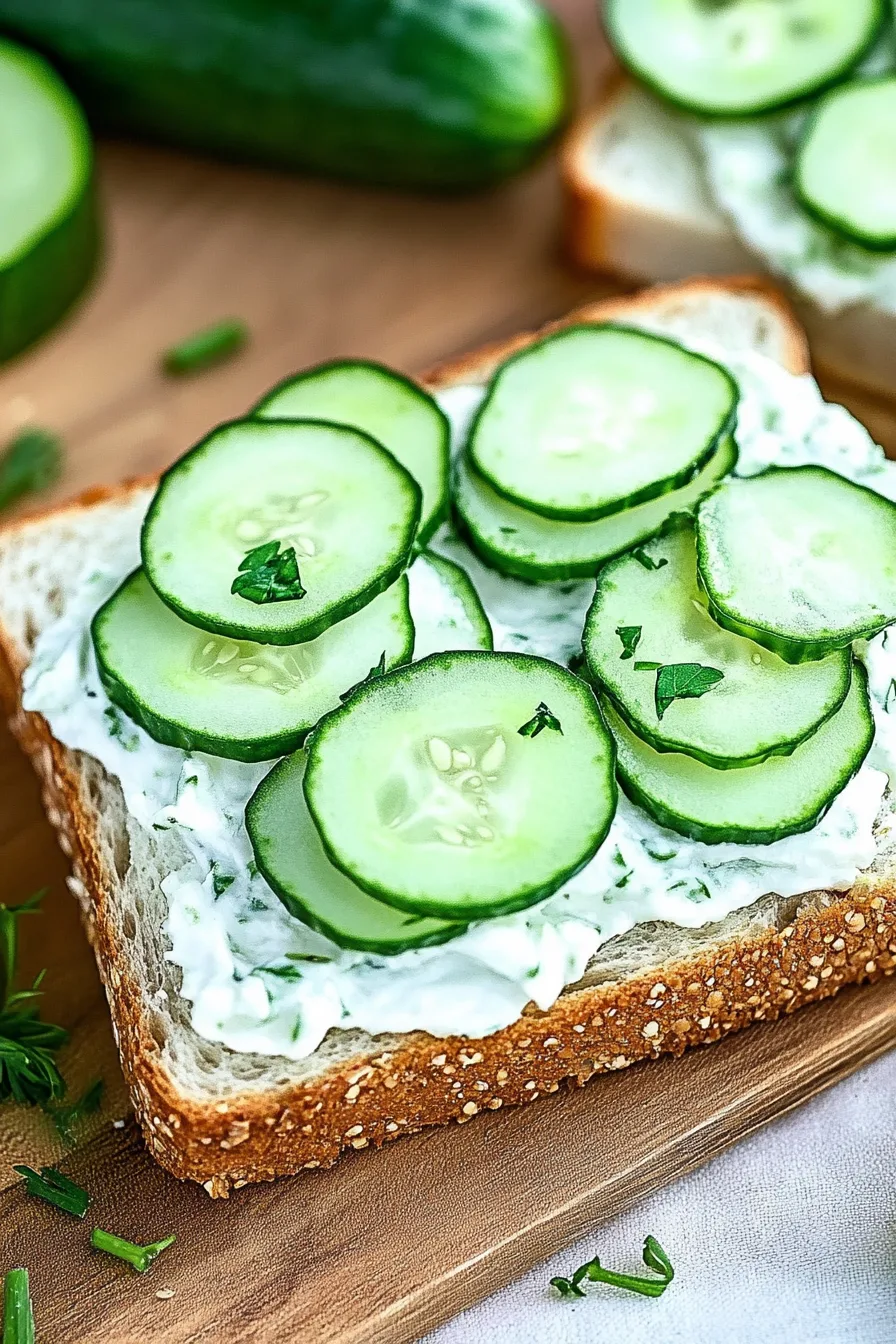 Overhead view of toasted bread with cucumber and herb garnish.