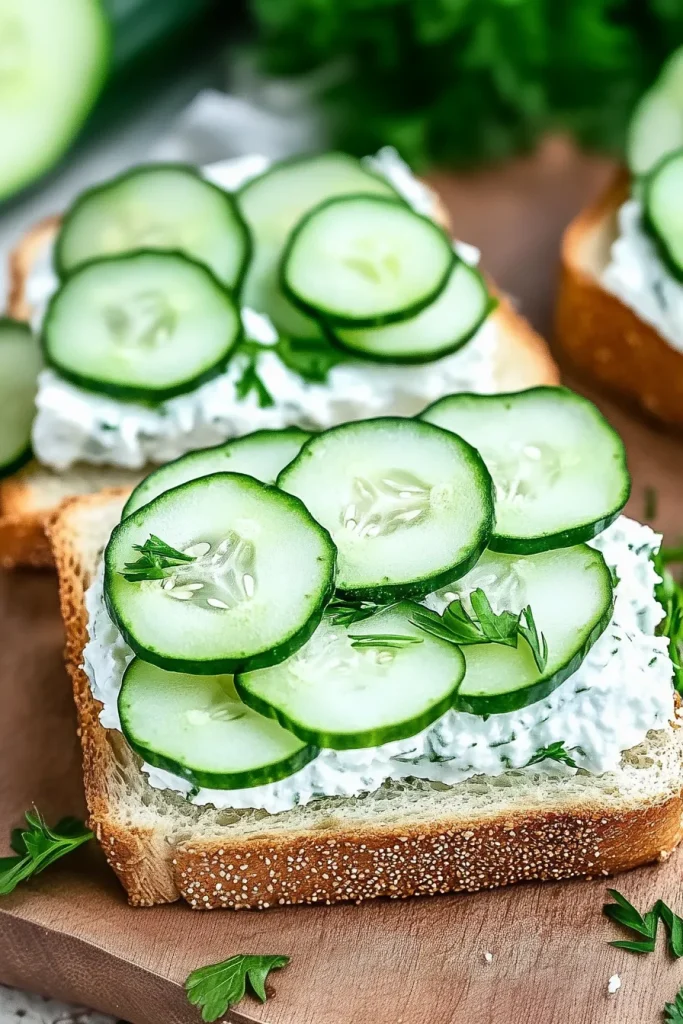 Slices of bread topped with creamy spread and fresh cucumber rounds.