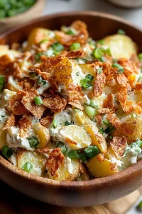 Rustic wooden bowl filled with creamy potato salad topped with crispy onions.
