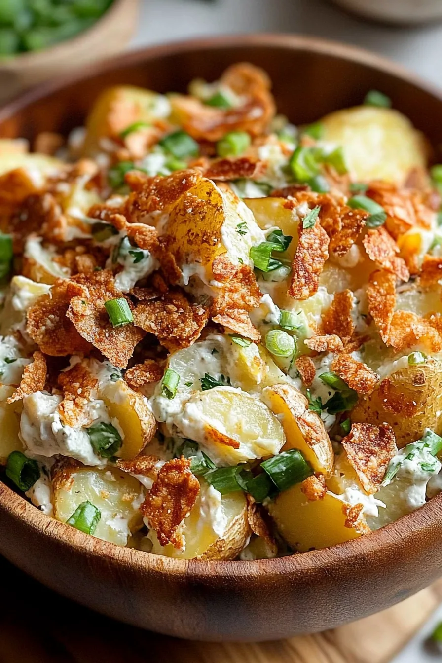 Rustic wooden bowl filled with creamy potato salad topped with crispy onions.