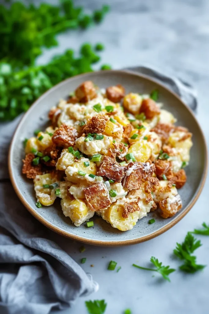 Golden potato chunks with crunchy topping and creamy texture.