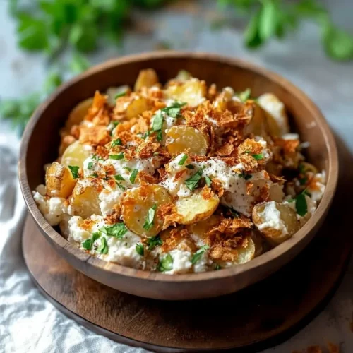 Hearty potato salad served with fried onion garnish for extra crunch.