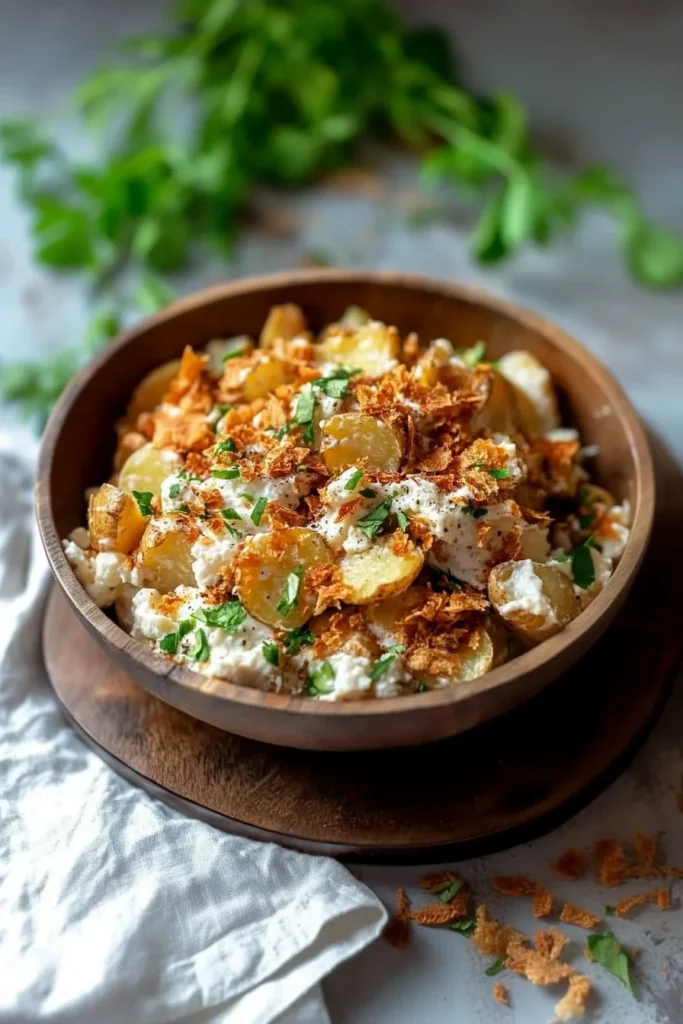 Hearty potato salad served with fried onion garnish for extra crunch.