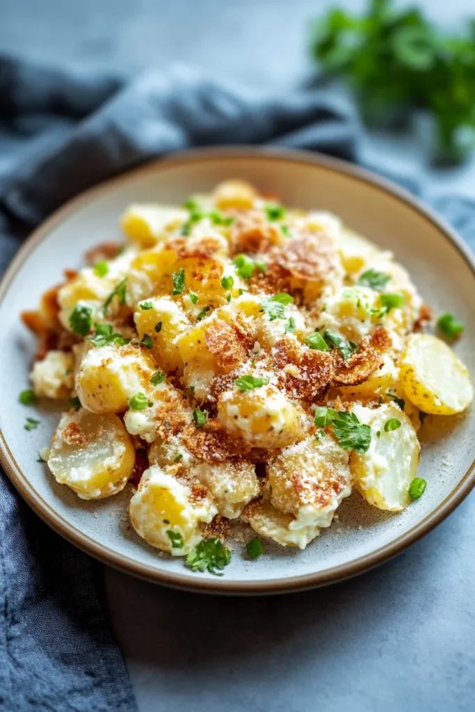 Creamy smashed potatoes highlighted by crispy chips and green onion sprinkles.