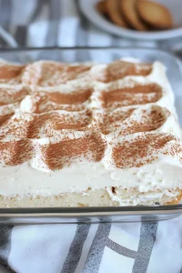 Square dessert topped with fluffy whipped cream and dusted with cinnamon.