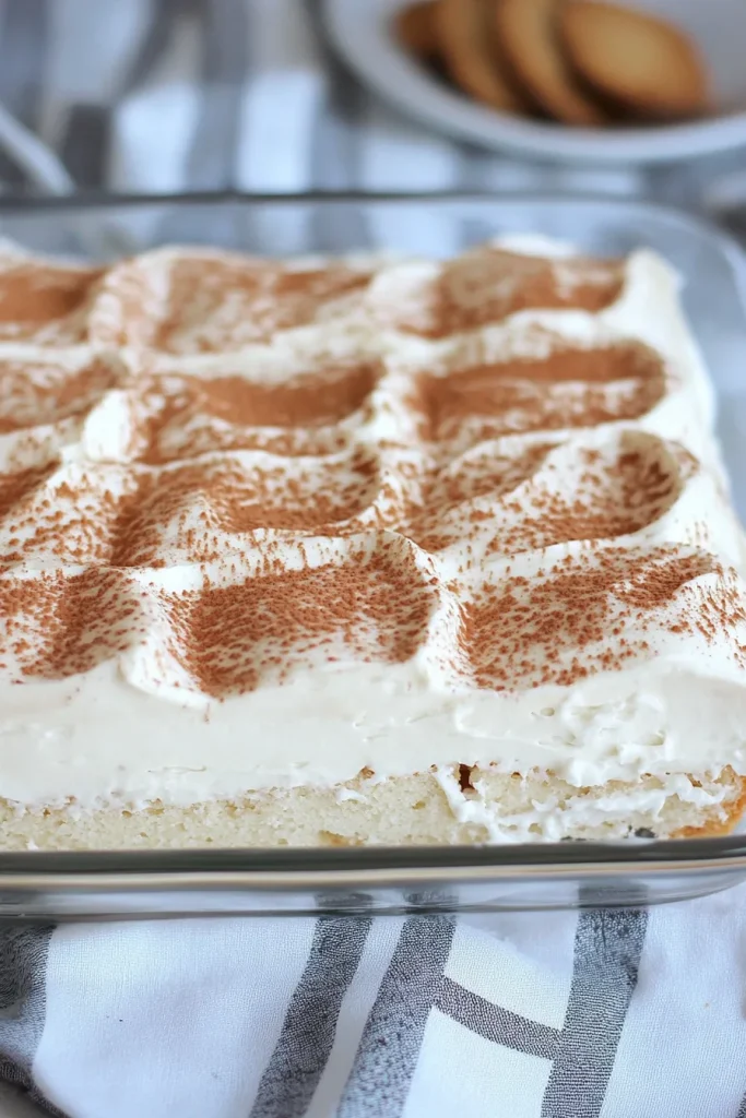 Square dessert topped with fluffy whipped cream and dusted with cinnamon.
