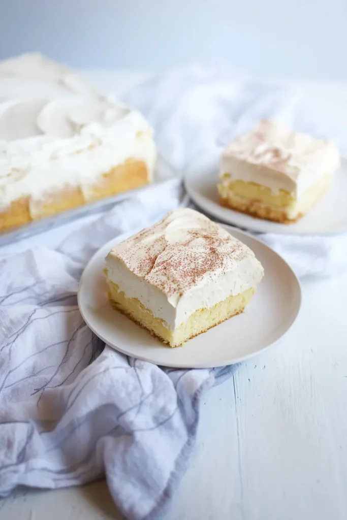 Moist cake squares arranged neatly with frosted tops.