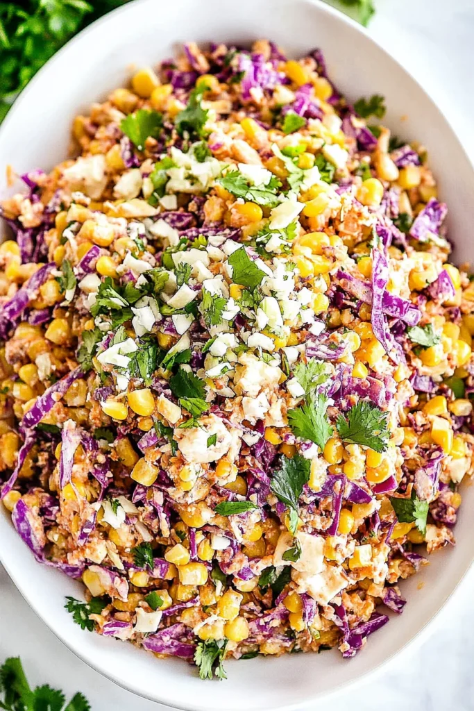 Vibrant slaw highlighting crunchy vegetables and creamy texture.
