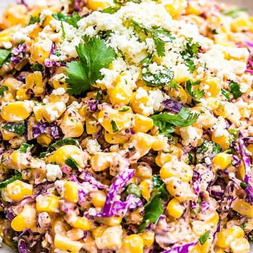 Fresh corn salad served with a tangy dressing and garnished with cilantro.