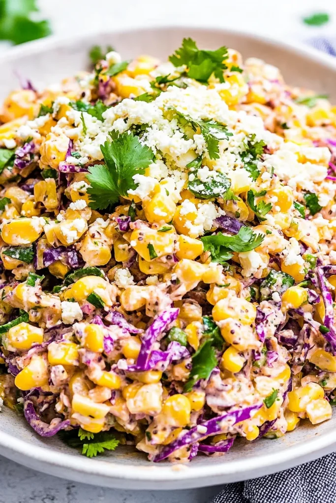 Fresh corn salad served with a tangy dressing and garnished with cilantro.
