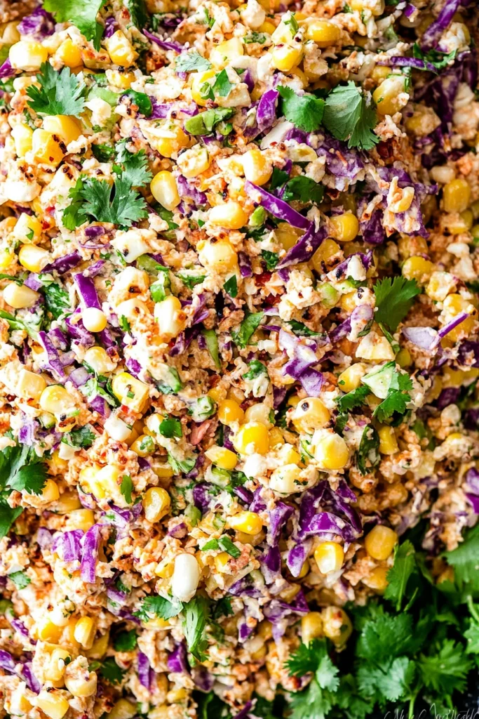 Bright mix of yellow corn, purple cabbage, and white cheese crumbles.