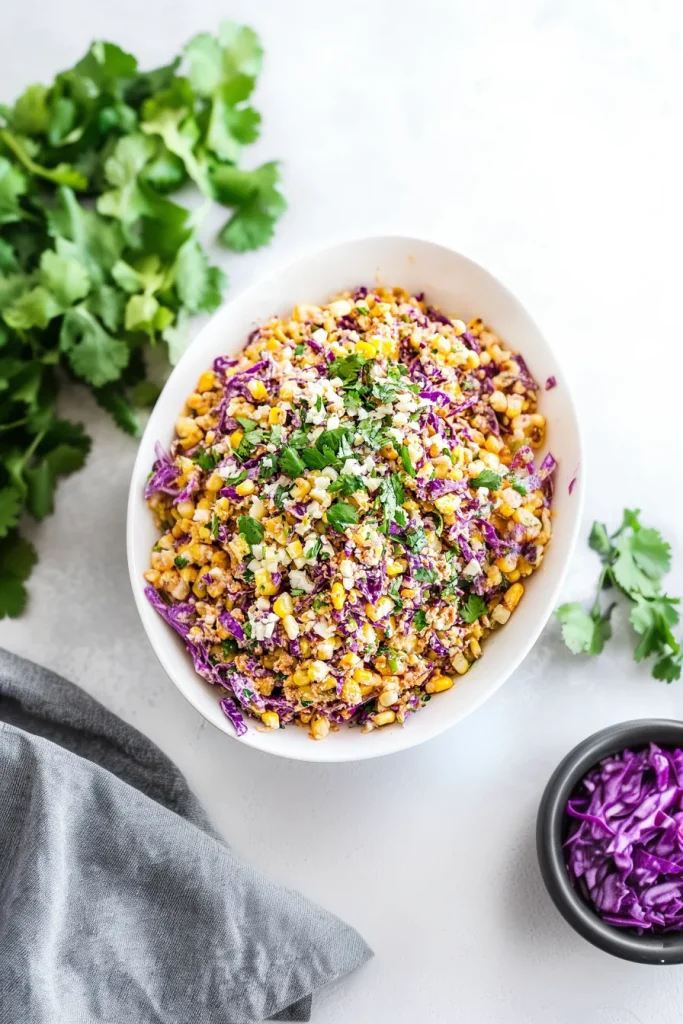 Colorful corn salad with cabbage, cilantro, and cheese in a bowl.