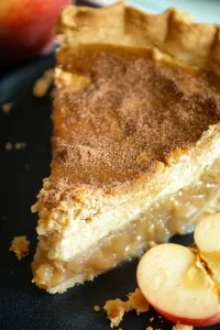 Rustic dessert presentation with pie slice and fresh apple halves beside it.