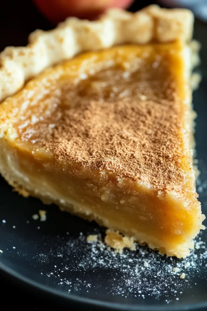 Golden slice of pie with flaky crust and glossy apple filling, sprinkled with cinnamon.