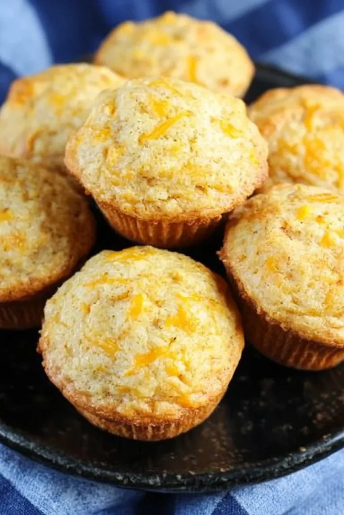 Cheese-topped muffins arranged neatly on a plate with a blue cloth underneath.