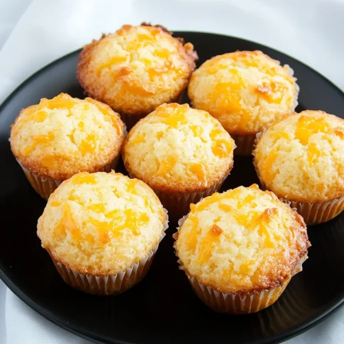Golden-brown muffins with melted cheese on top, served on a dark plate.