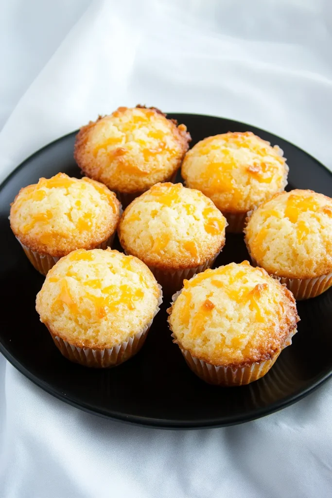 Golden-brown muffins with melted cheese on top, served on a dark plate.