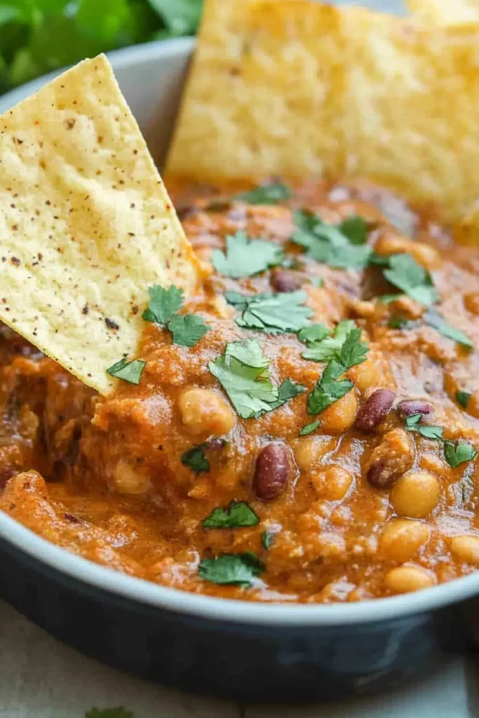 Rich, colorful dip showing beans, corn, and fresh garnish