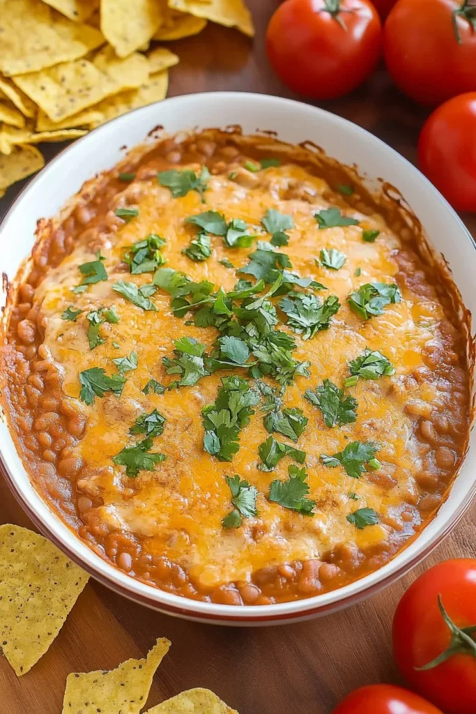 Thick tomatoโbased dip garnished with herbs and served warm