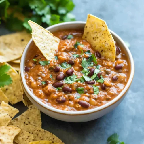 Bowl of hearty bean dip topped with fresh cilantro and tortilla chips
