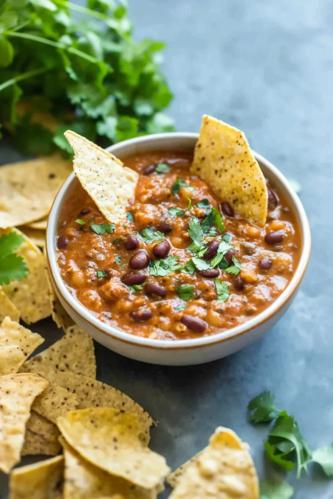 Bowl of hearty bean dip topped with fresh cilantro and tortilla chips