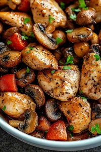 Close-up of tender chicken and glossy mushrooms cooked in a savory sauce.