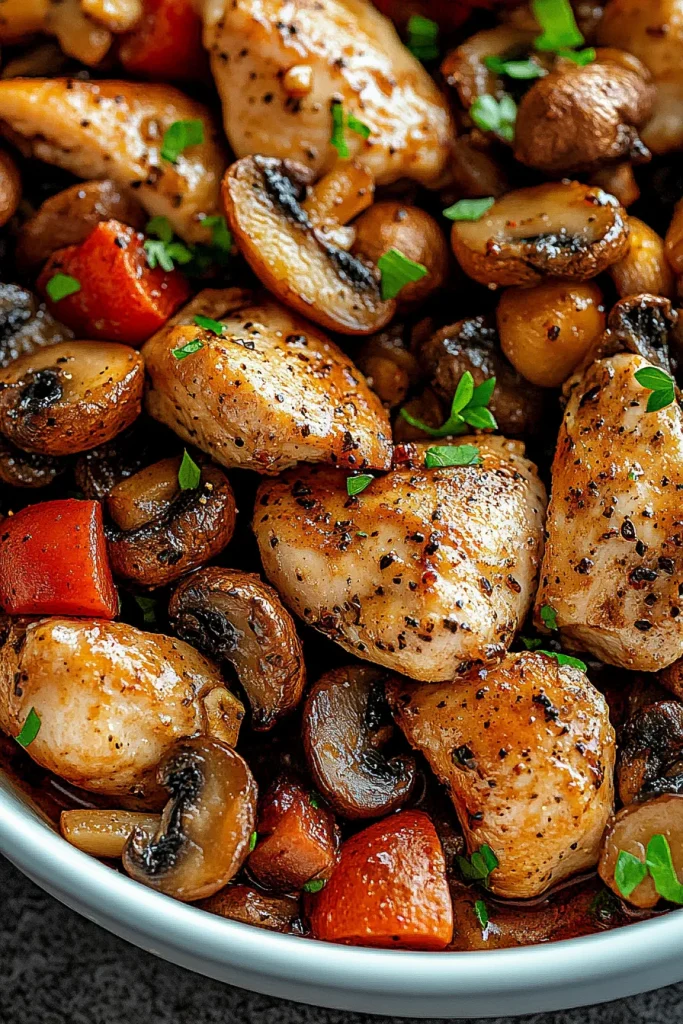 Close-up of tender chicken and glossy mushrooms cooked in a savory sauce.