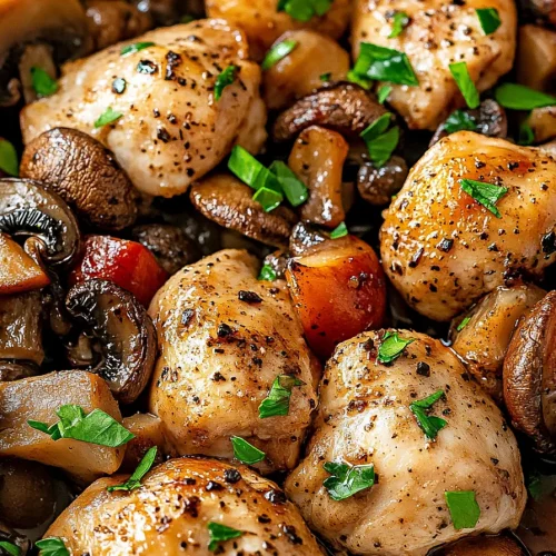 Golden-brown chicken pieces with sautรฉed mushrooms and carrots, garnished with parsley.
