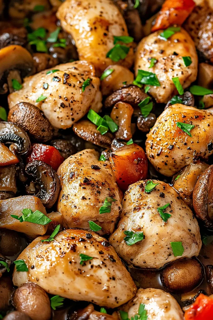 Golden-brown chicken pieces with sautรฉed mushrooms and carrots, garnished with parsley.